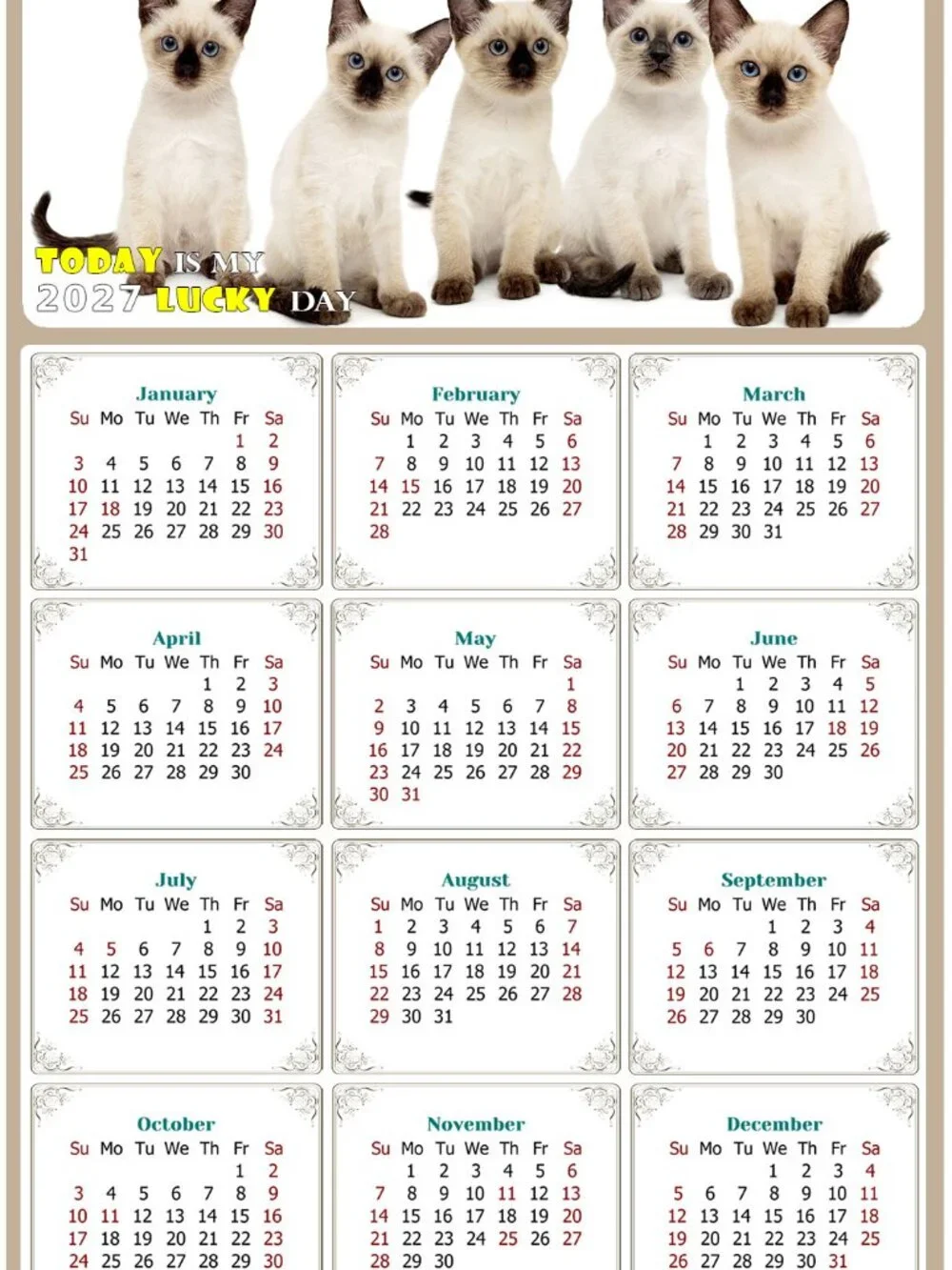 2027 Magnetic Calendar - Today is my Lucky Day - Cat Themed 020 (7 x 10.5)